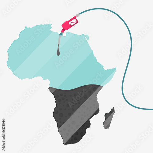 Map of Africa being fueled by oil. Gas pump fueled map. On the map there is glass reflection. Conceptual. Oil producing or importing countries.