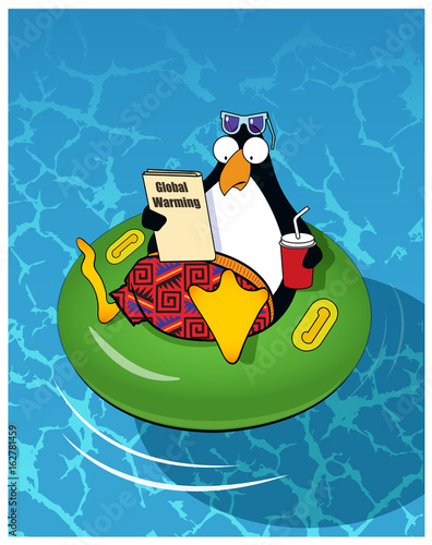 Global Warming / A penguin floats in a swimming pool.