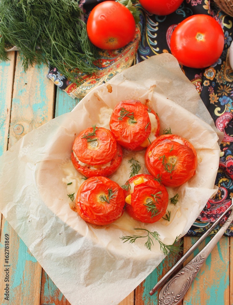 Stuffed tomatoes with rice, corn and vegetables. Dietary appetizer Stuffed tomatoes with rice, corn and vegetables. Dietary appetizer