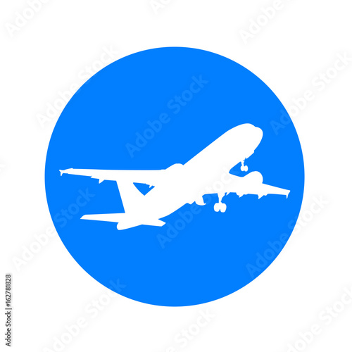 Icono plano silueta avion despegando en circulo azul