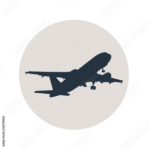 Icono plano silueta avion despegando en circulo gris