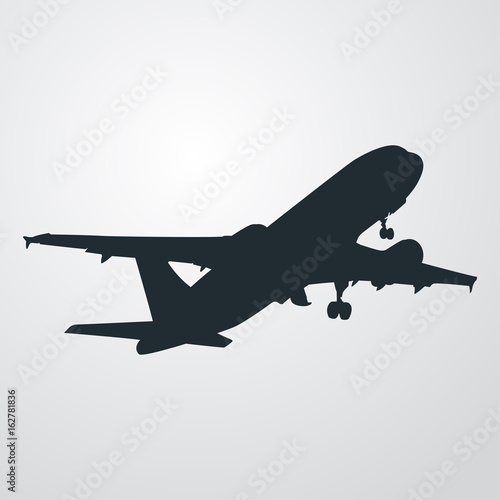 Icono plano silueta avion despegando en fondo degradado