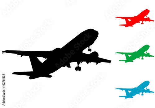 Icono plano silueta avion despegando varios colores