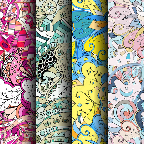 Set of tracery colorful seamless patterns. Vertical stripes. Curved doodling backgrounds for textile or printing with mehndi and ethnic motives. Vector
