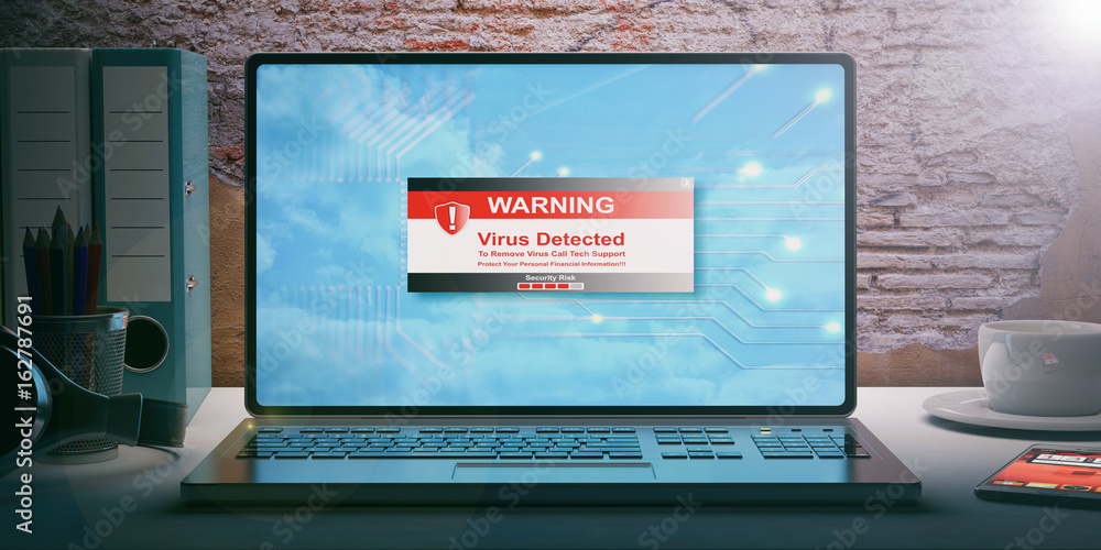 Virus detected message on a laptop screen. 3d illustration Virus detected message on a laptop screen. 3d illustration