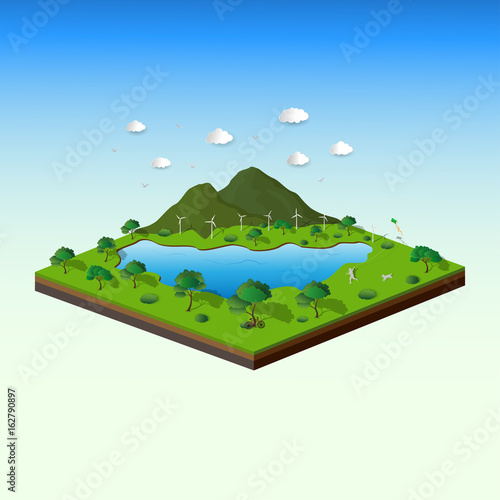 Concept of isometric landscape with nature and eco friendly,save the earth and world environment