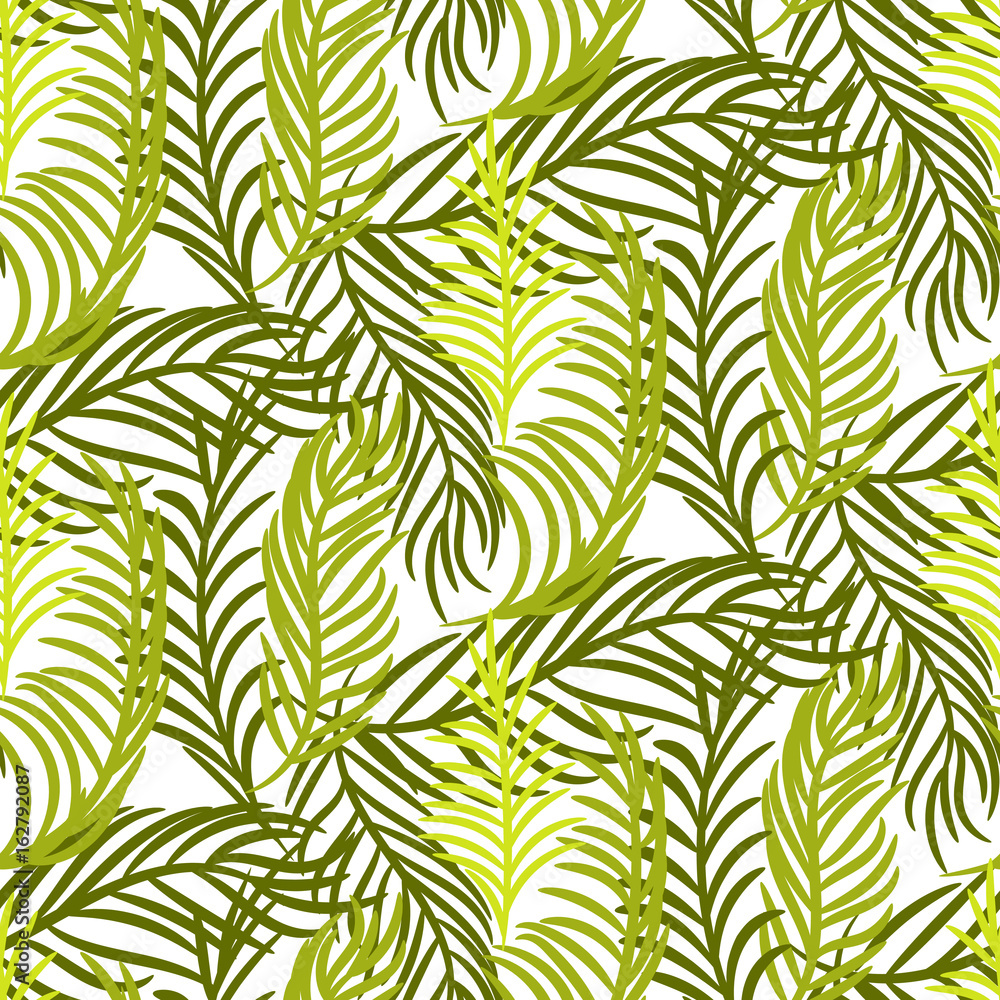 Green palm leaves vector seamless background.