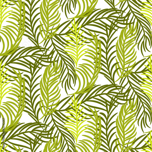 Green palm leaves vector seamless background.