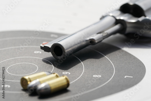 gun with 9mm bullets on the target