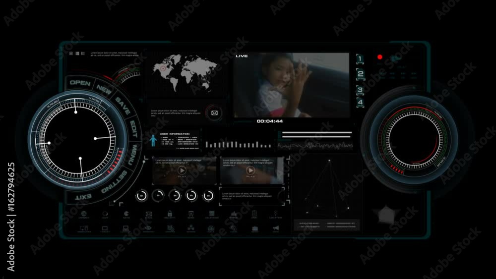 4K Animation of HUD head up display interface on with icon graph loading bar element for futuristic cyber technology concept 4K Animation of HUD head up display interface on with icon graph loading bar element for futuristic cyber technology concept