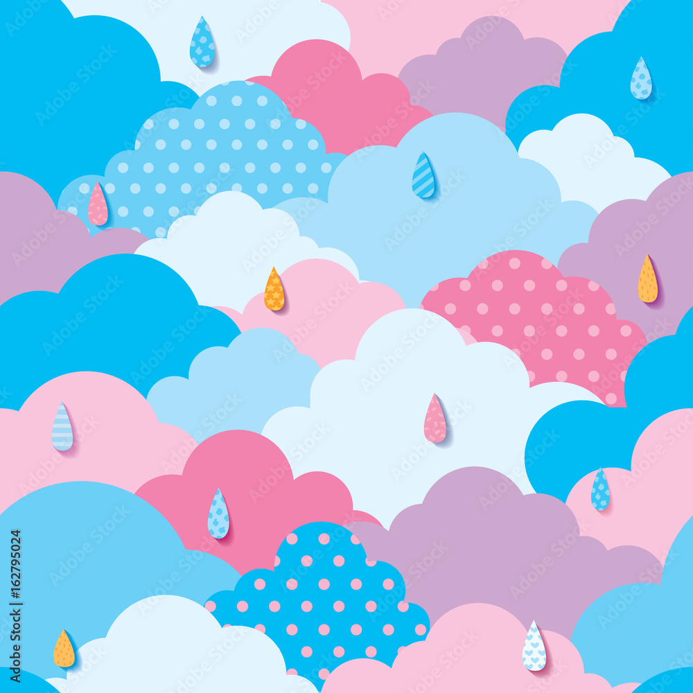 Illustration vector of sky cloudy with rainy design to seamless pattern on cool colors tone is blue pink and purple background