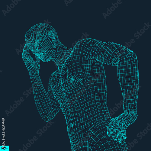 Man in a Thinker Pose. 3D Model of Man. Geometric Design. Business, Science, Psychology or Philosophy Vector Illustration.