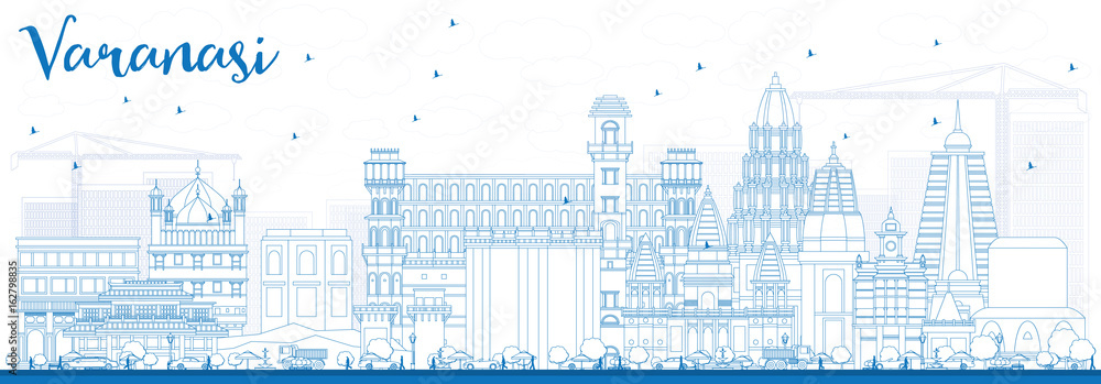 Outline Varanasi Skyline with Blue Buildings.
