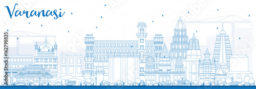 Outline Varanasi Skyline with Blue Buildings.