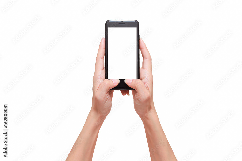 Closeup shot of a woman typing on mobile phone isolated on white background. Closeup shot of a woman typing on mobile phone isolated on white background.