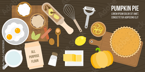 poster of pumpkin pie ingredients and utensils, such as lemon zest, all purpose flour, butter, spices, whisk, flat design vector
