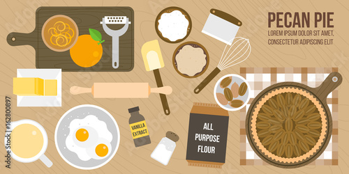 cooking pecan pie poster, ingredients and utensils, flat design poster