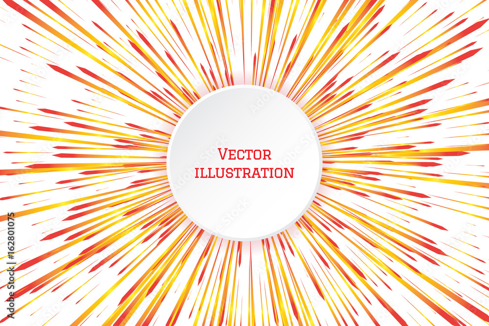 Obraz premium Speed line with red yellow gradient rays on white background. Festive abstract illustration with effect power explosion. Element of design. White circle banner in center for your text. Vector