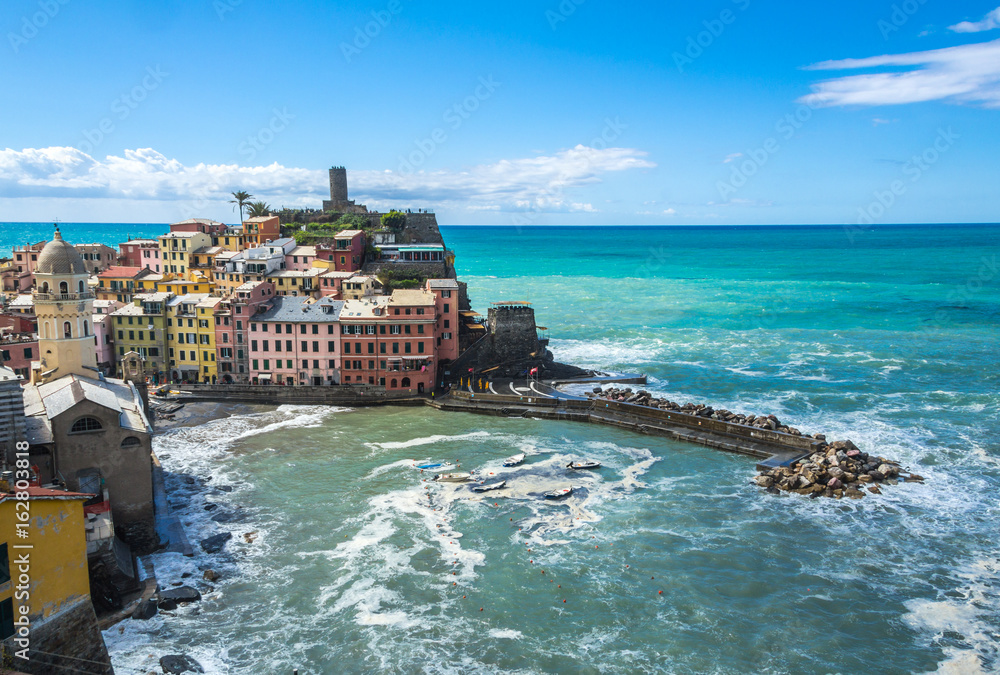 aerial view of Vernazza, a small resort town  on the territory of the Cinque Terre National Park