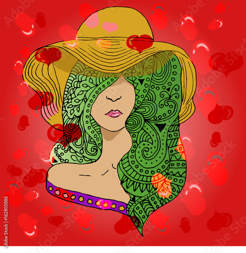 Vector young pretty girl with doodle  green hairs wearing hat on festive background with hearts. Fashion illustration.