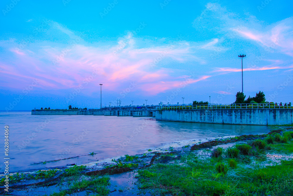 Fototapeta premium Hydroelectric Power Station, Built Structure, Factory, Flood, Sunset