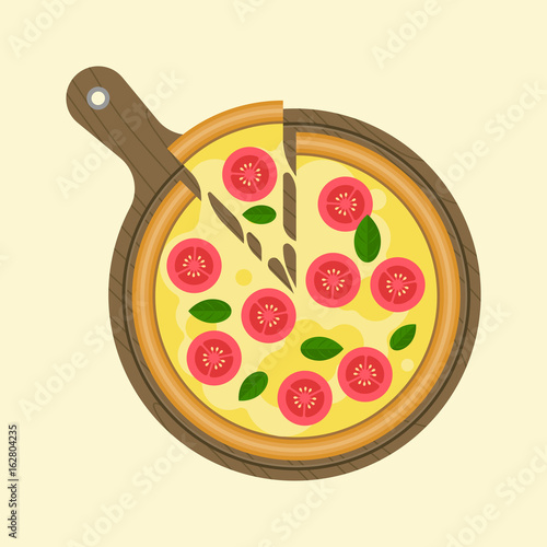 Margarita pizza and slice of piece on wooden tray pizza plate, flat design vector