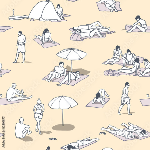 Seamless pattern / background / texture with people sunbathing on sand beach with vintage colors