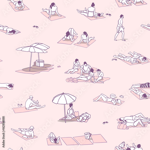 Seamless pattern / background / texture with people sunbathing on sand beach with vintage colors
