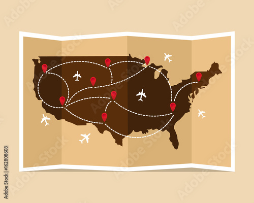 Travel and tourism map. United States of America vintage world map. Vector illustration, flat design.