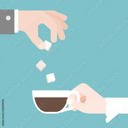 Groom put sugar in bridge's coffee cup, sweet lover and marriage concept, suitable for backdrop or invitation, flat design