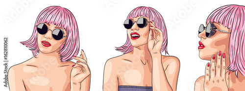 vector set of three beautiful women wearing pink wig