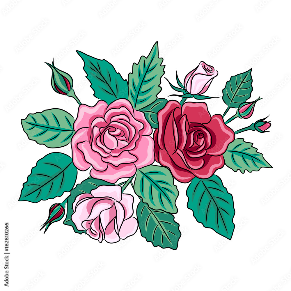 vector illustration of beautiful roses with leaves