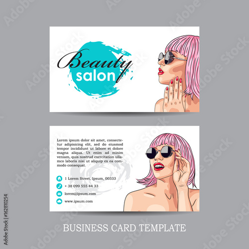 vector beauty salon card with woman wearing pink wig