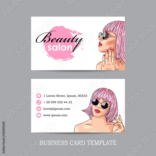 vector beauty salon card with woman wearing pink wig