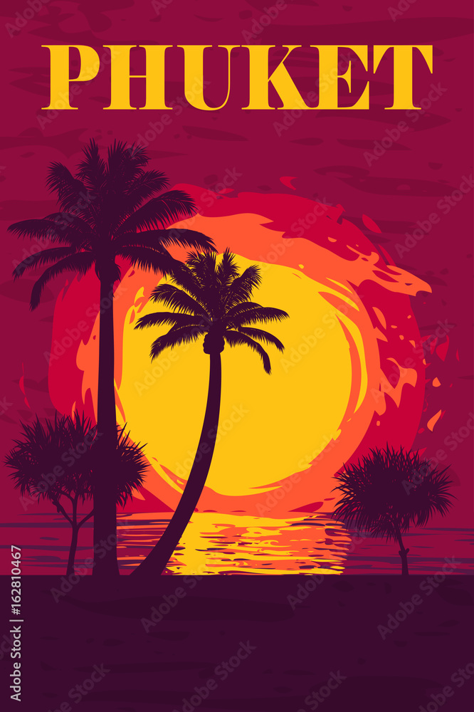 vector illustration of sunset over the ocean on Phuket island