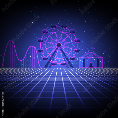 Fair in style arcades the 80s.. Аmusement park with a Ferris wheel, a roller coaster and a circus tent.