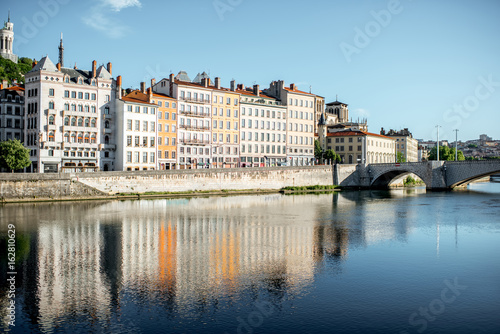 Morning view on the riverside with beautiful buildings in the old town of Lyon city