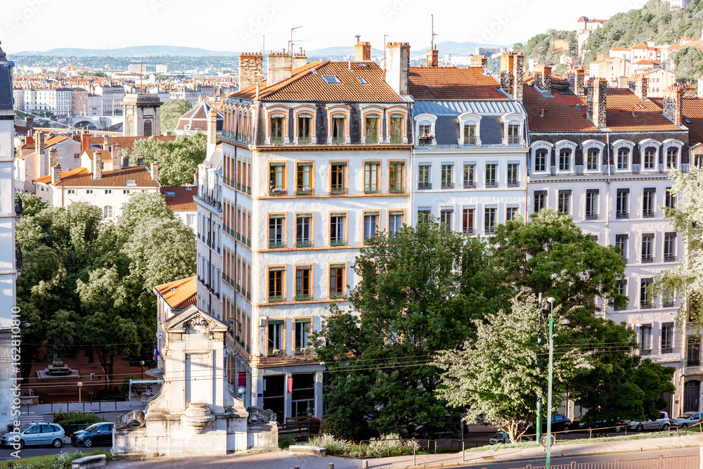 Beautiful cityscape view with residential buildings in Lyon city, France