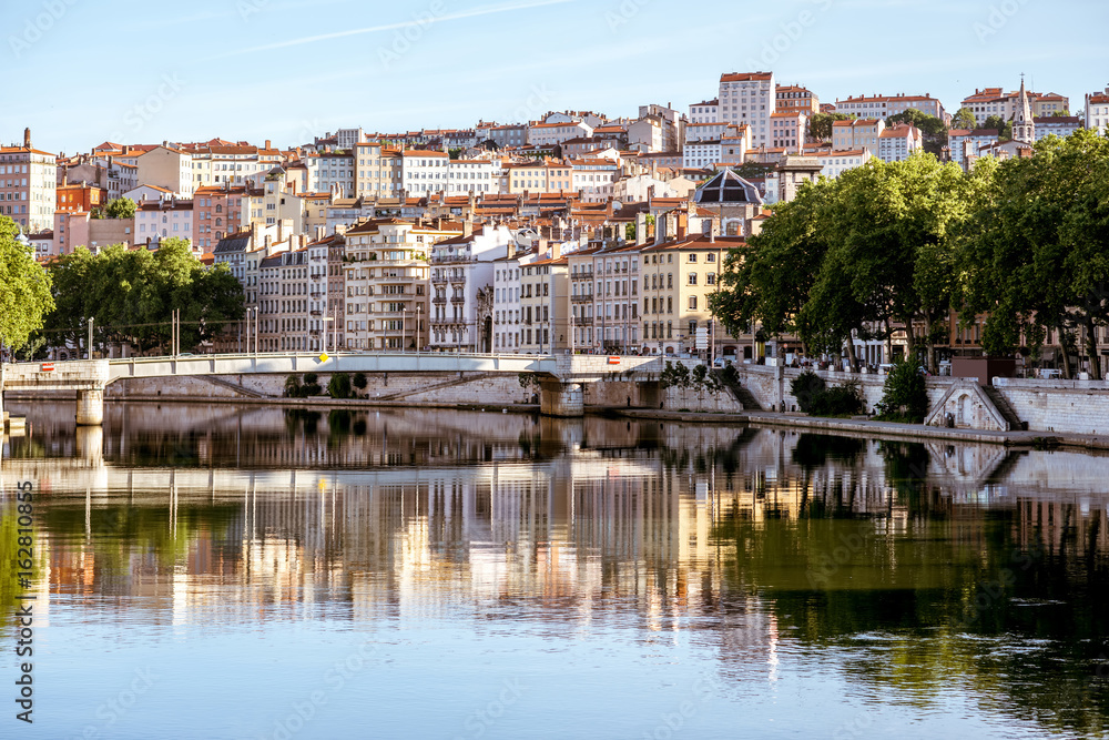 Morning view on the old city with bridge and Rhone river in Lyon, France