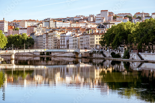 Morning view on the old city with bridge and Rhone river in Lyon, France