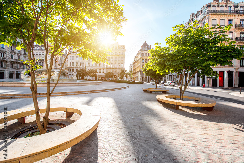 Morning view on Jacobins square in Lyon city, France - obrazy, fototapety, plakaty 