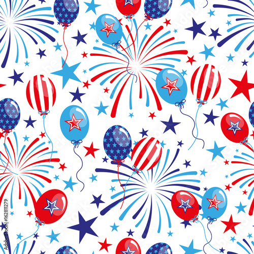 vector 4th of July seamless pattern with balloons and fireworks