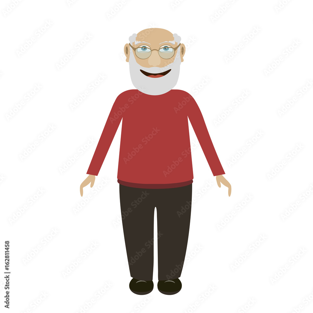 elderly man in glasses and with a beard stands and smiles a flat vector character. Vector illustration of a smiling grandfather in a flat style