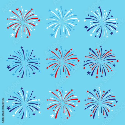 vector set of nine fireworks in blue, red and white colors