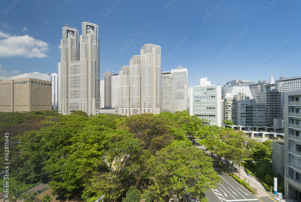 Fototapeta premium 東京都市風景 春 新宿中央公園と東京都庁 新宿高層ビル街