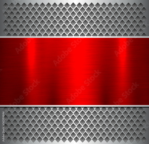 Background silver red with metallic, brushed metal banner over perforated pattern