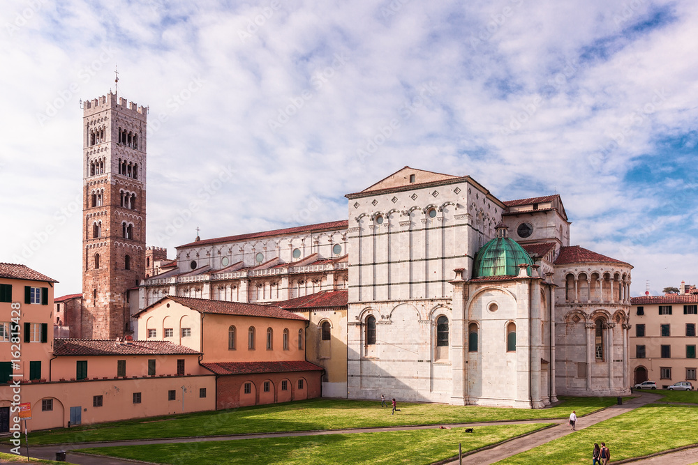 Facade and bell tower of Lucca Cathedral of St. Martin, Tuscany, Italy
