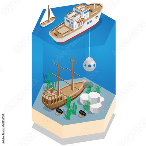 A study of the sunken galleon. Isometric. Vector illustration.