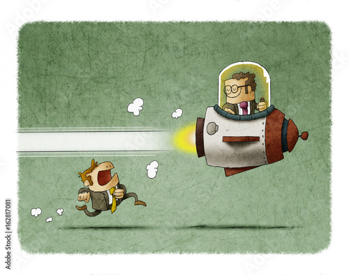 Competition between business people, one goes inside a rocket and another goe...