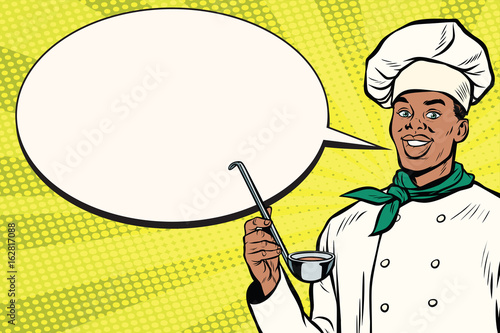African chef with ladle cartoon bubble